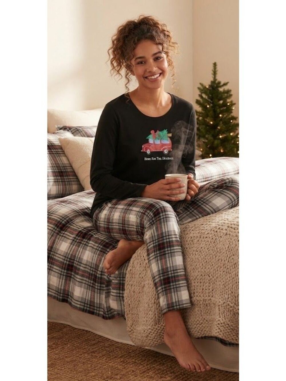 Pajamagram Womens Holiday Pajama Set Long Sleeve Top & Plaid Pants Cotton L